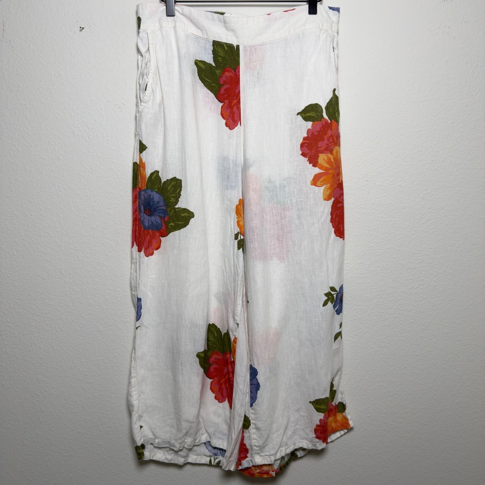 Joie Women 100% Linen Floral Wide Leg Culotte Pants Medium White Coastal Lagen - Picture 2 of 7